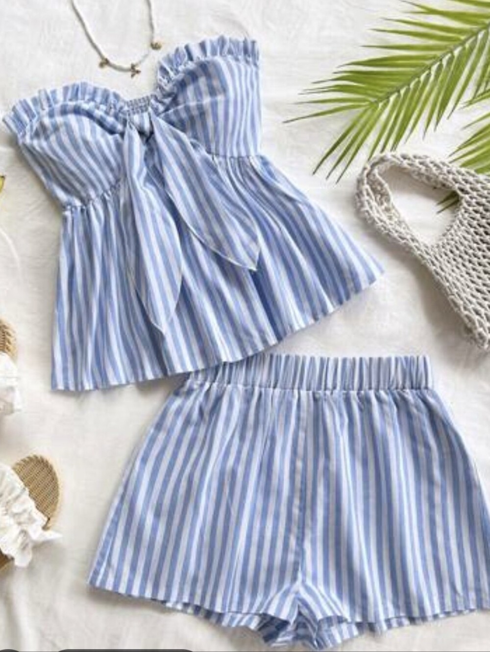 Shein Striped Blue Halter Ruffled 2pc Set Sz XS